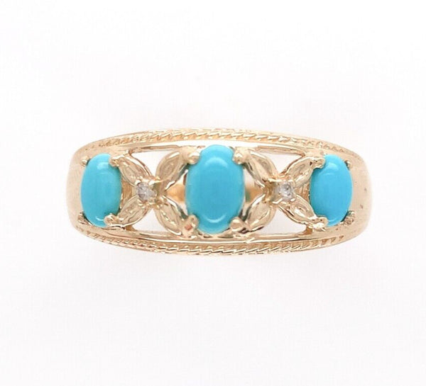 14k Yellow Gold Genuine Natural Turquoise and Diamond Band Ring (#J6396)