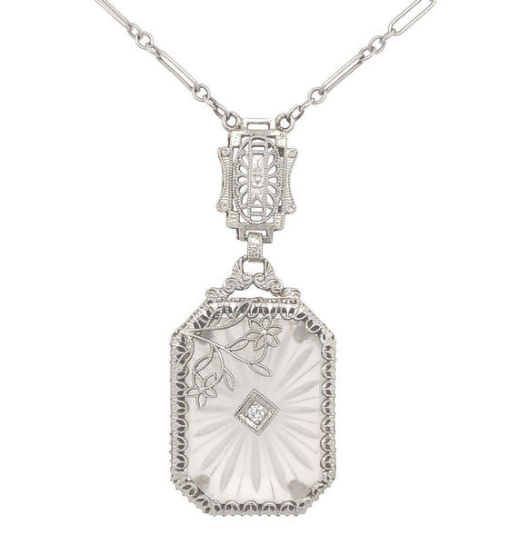 14k Gold Genuine Natural Rock Crystal Quartz Deco Filigree Necklace (#J6881)