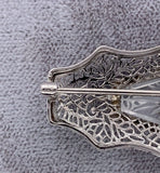 10k White Gold Genuine Natural Rock Crystal Quartz Diamond Filigree Pin (#J5597)