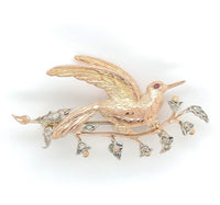 14k Gold and Silver Antique Bird Pin Brooch with Genuine Natural Diamonds #J6368
