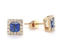 14k Gold Square Stud Blue Genuine Sapphire Earrings with Diamond Halo (#J6683)