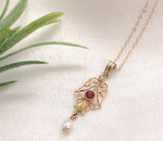 10k Yellow Gold Lavaliere with Pearl Drop and Red Glass Accent w/Chain (#J7193)