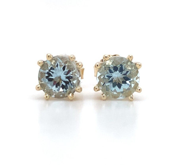 14k Yellow Gold Round Genuine Natural Aquamarine Stud Earrings (#J6325)