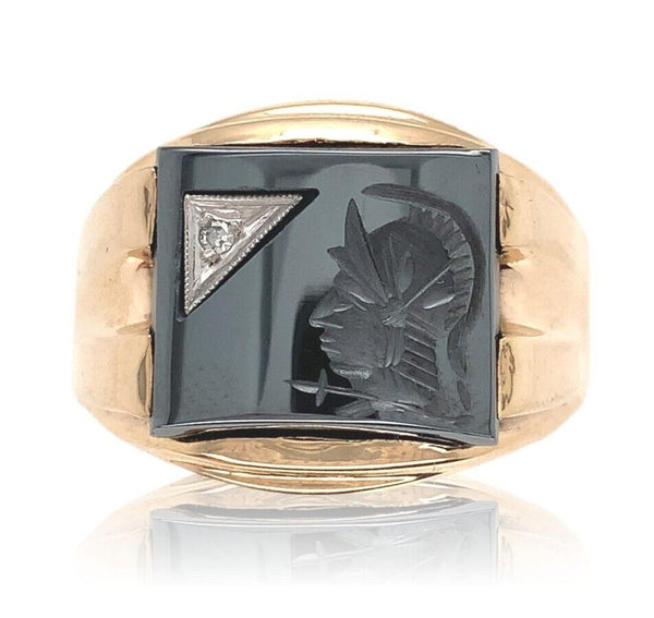 10k Yellow Gold Men's Hematite Intaglio Ring with Diamond Size 11.25 (#J6633)