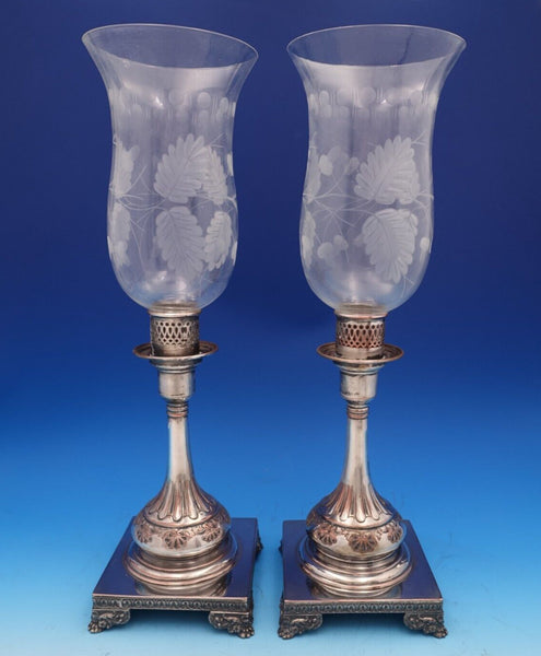 Shell by Unknown Silverplate Glass Hurricane Lamp Candlestick Pair  (#8299)