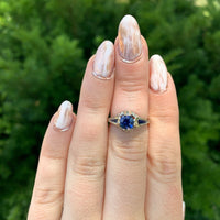 18k Gold Art Deco Filigree Blue Sapphire Ring w/Lab-Created Accent Stones #J6804