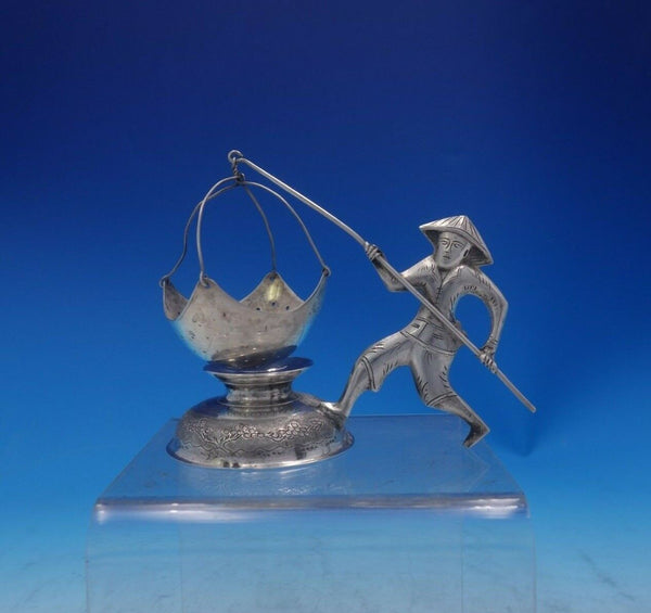 .900 Silver Tea Strainer Figural Man and Fishing Pole w/Net Hanoi Vietnam #3954