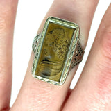 14k White Gold Filigree Genuine Natural Tiger's Eye Cameo Ring (#J4989)