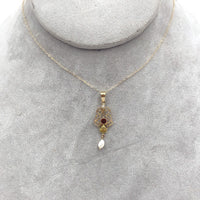 10k Yellow Gold Lavaliere with Pearl Drop and Red Glass Accent w/Chain (#J7193)