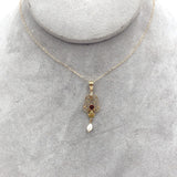 10k Yellow Gold Lavaliere with Pearl Drop and Red Glass Accent w/Chain (#J7193)