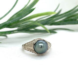14k White Gold Filigree Deco Style 7.5mm Tahitian Black Pearl Ring 4.25 (#J7564)