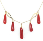 14k Gold Ox Blood Red Genuine Coral Briolette Necklace w/Five Drops 18" (#J7026)