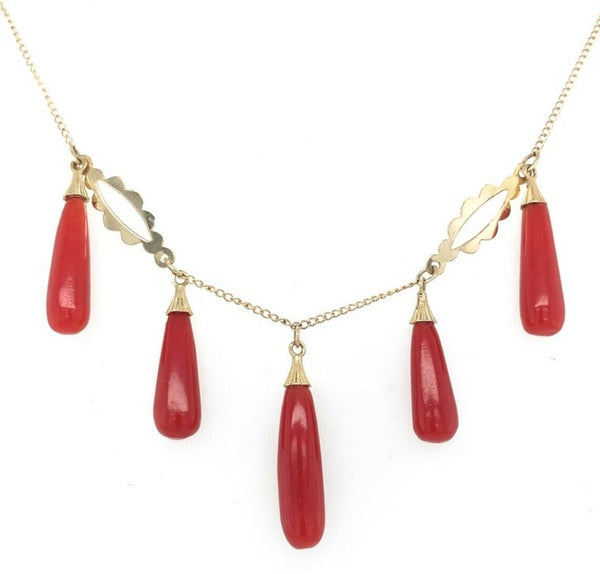 14k Gold Ox Blood Red Genuine Coral Briolette Necklace w/Five Drops 18" (#J7026)