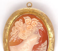 10k Gold Shell Cameo Pin Pendant Large Size 2" Hand Engraved Frame (#J6887)