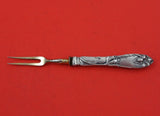 German .800 Silver Fruit Fork Gold Washed Plated Tines HH Lily Motif 5 1/4"
