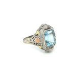 10k Tri-Color Gold 3.28ct Genuine Natural Aquamarine Filigree Ring (#J5336)