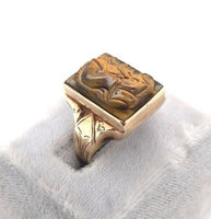 10k Gold Genuine Natural Tiger's Eye Men's Double Warrior Cameo Ring (#J6220)