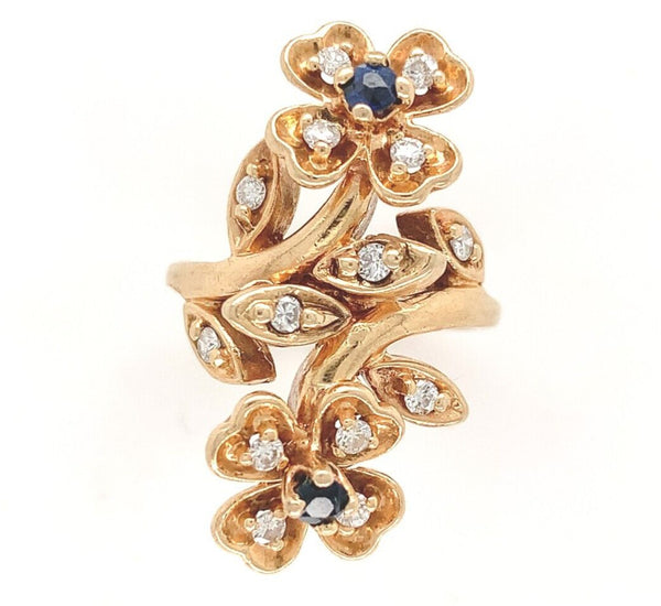 14k Gold Bypass Style Floral Ring w/Genuine Natural Diamond and Sapphires #J6622