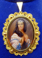 18k Hand Painted Portrait Pin / Pendant with Genuine Natural Diamonds (#J3419)