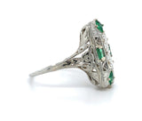 18k 3-Stone Diamond Filigree Ring with Synthetic Lab-Created Emeralds (#J5827)