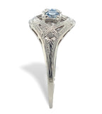 14k White Gold Filigree Deco Three Stone Genuine Natural Aquamarine Ring #J7560