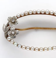14k Gold Oval Flower Pin with Diamonds and Seed Pearls Applied Leaves (#J6253)