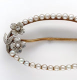 14k Gold Oval Flower Pin with Diamonds and Seed Pearls Applied Leaves (#J6253)