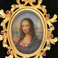 18k Yellow Gold Hand Painted Portrait Pin Mona Lisa (#J5379)