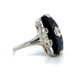 18k White Gold Faceted Genuine Natural Black Onyx Ring with Diamond (#J5823)
