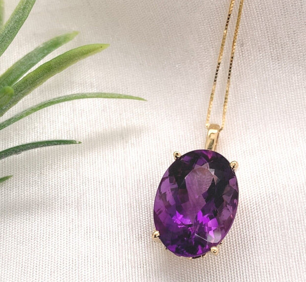 14k Yellow Gold 15.38 Carat Oval Cut Genuine Natural Amethyst Pendant (#J7191)