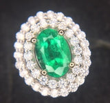 14k White Gold Genuine Natural Emerald Ring with Double Diamond Halo (#J3875)