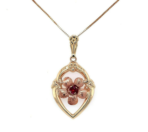 10k Rose Gold Genuine Natural Ruby Flower Pendant (#J5579)