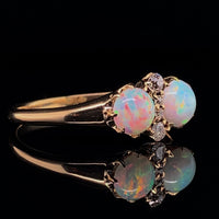 14k Yellow Gold Twin Round Genuine Natural Opal Ring with Diamonds (#J5813)