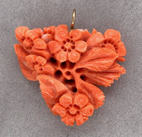 14k Gold Carved Floral Flowers Genuine Natural Orange Coral Pendant (#J7338)