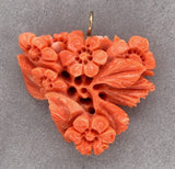 14k Gold Carved Floral Flowers Genuine Natural Orange Coral Pendant (#J7338)