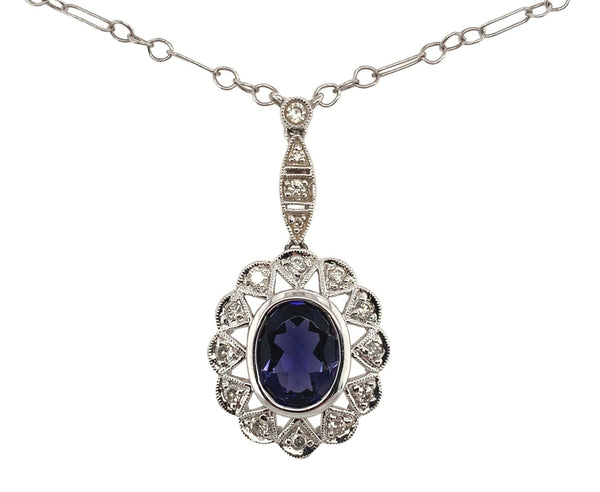 14k White Gold Genuine Natural Diamond Deco Style Pendant with Chain (#J7301)