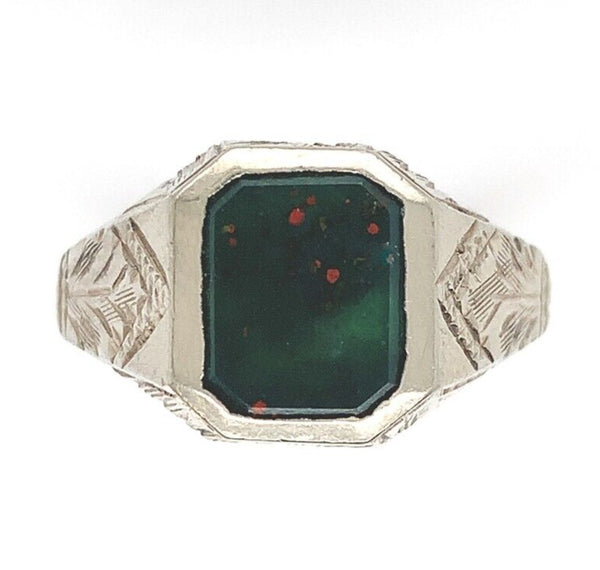 14k Gold Men's Genuine Natural Bloodstone Ring Hand Engraved Size 5.5 (#J6614)