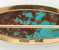 14k Yellow Gold Genuine Natural Turquoise Pin Signed "Bell" 1 1/4" (#J6048)