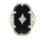 14k White Gold Floral Filigree Genuine Natural Black Onyx Diamond Ring (#J6599)