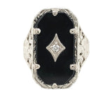 14k White Gold Floral Filigree Genuine Natural Black Onyx Diamond Ring (#J6599)