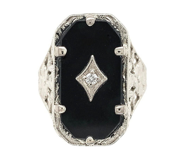 14k White Gold Floral Filigree Genuine Natural Black Onyx Diamond Ring (#J6599)