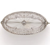 14k Gold Genuine Natural Rock Crystal Quartz and Diamond Filigree Pin (#J6205)