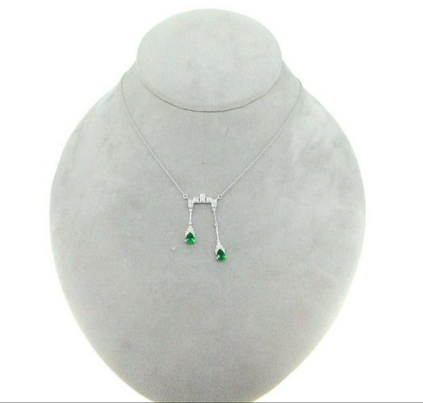 18k White Gold Double Drop Genuine Natural Emerald and Diamond Necklace (#J4715)