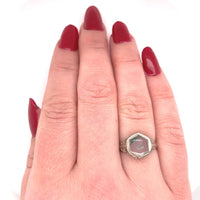 10k White Gold Hexagon Moss Genuine Natural Agate Filigree Ring (#J5749)