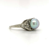 18k White Gold Art Deco 8mm Pearl Filigree Ring (#J5450)