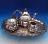 Hungarian 935 Silver Tea Set 4pc Art Deco Hand Hammered w/ Stone Finial (#8314)