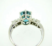 14k White Gold Large Teal Blue Genuine Natural Zircon and Diamond Ring (#J5047)