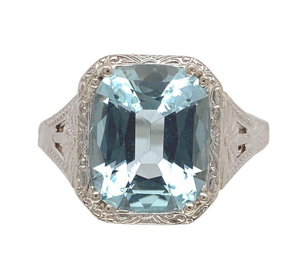 14k White Gold Filigree 3.12 Carat Genuine Natural Aquamarine Ring (#J7158)