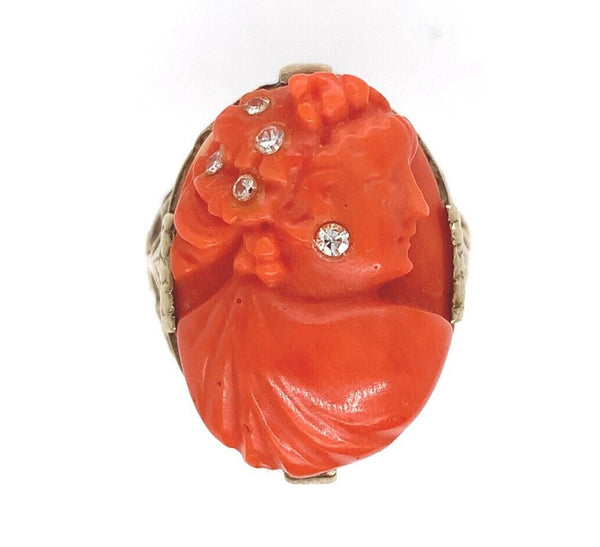 14k Yellow Gold Filigree Genuine Natural Coral Cameo Ring Size 9.25 (#J6298)