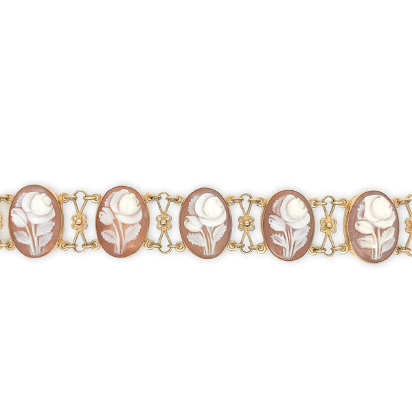 14k Yellow Gold Genuine Natural Shell Cameo Bracelet with Carved Roses (#J6895)